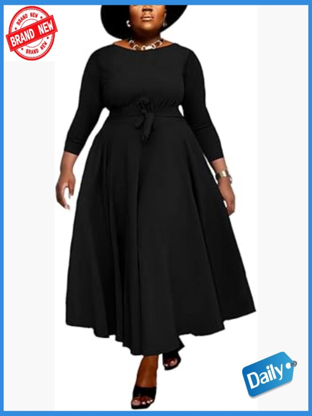 Plus Size Maxi Dress V-Neck 3/4 Sleeve A-Line Swing Dress with Belt